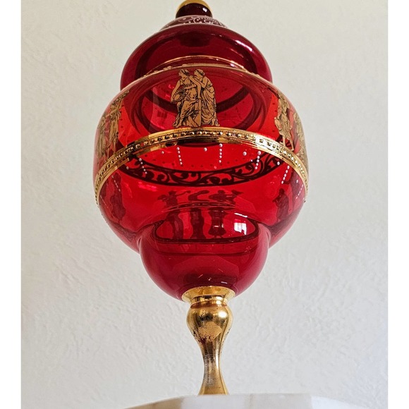 Bohemian 14" Ruby Red Crystal Apothecary Jar with Grecian Design - Picture 3 of 7